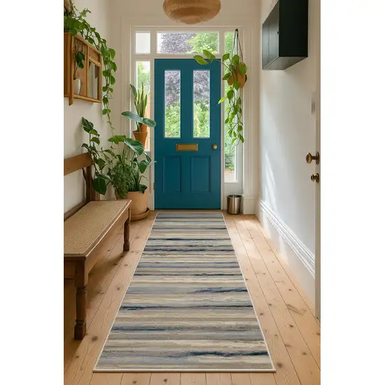 10' Blue and Beige Striped Distressed Runner Rug Photo 4