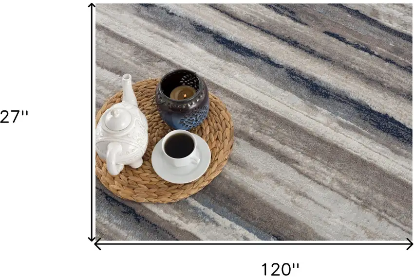 10' Blue and Beige Striped Distressed Runner Rug Photo 6