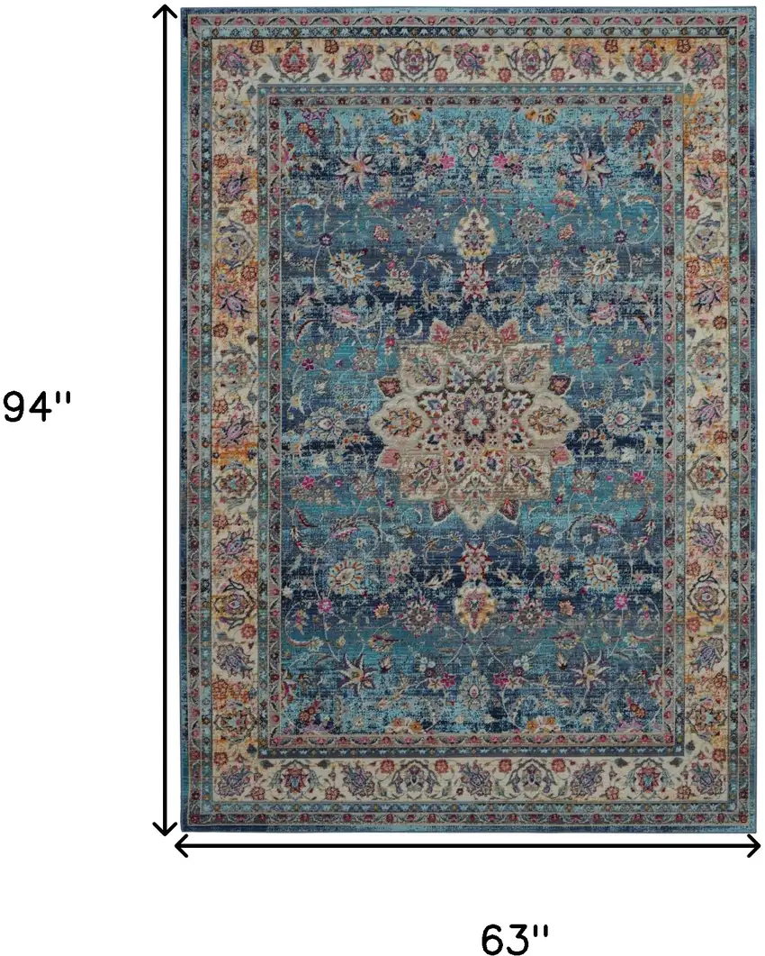 Blue and Beige Floral Distressed Area Rug Photo 3
