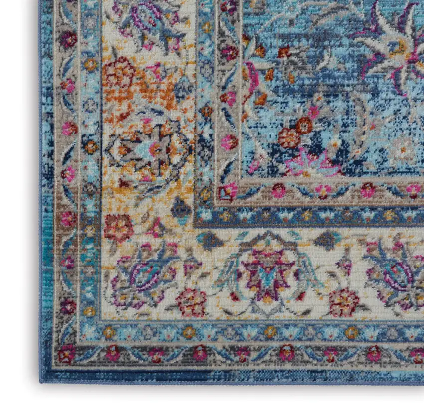 Blue and Beige Floral Distressed Area Rug Photo 7