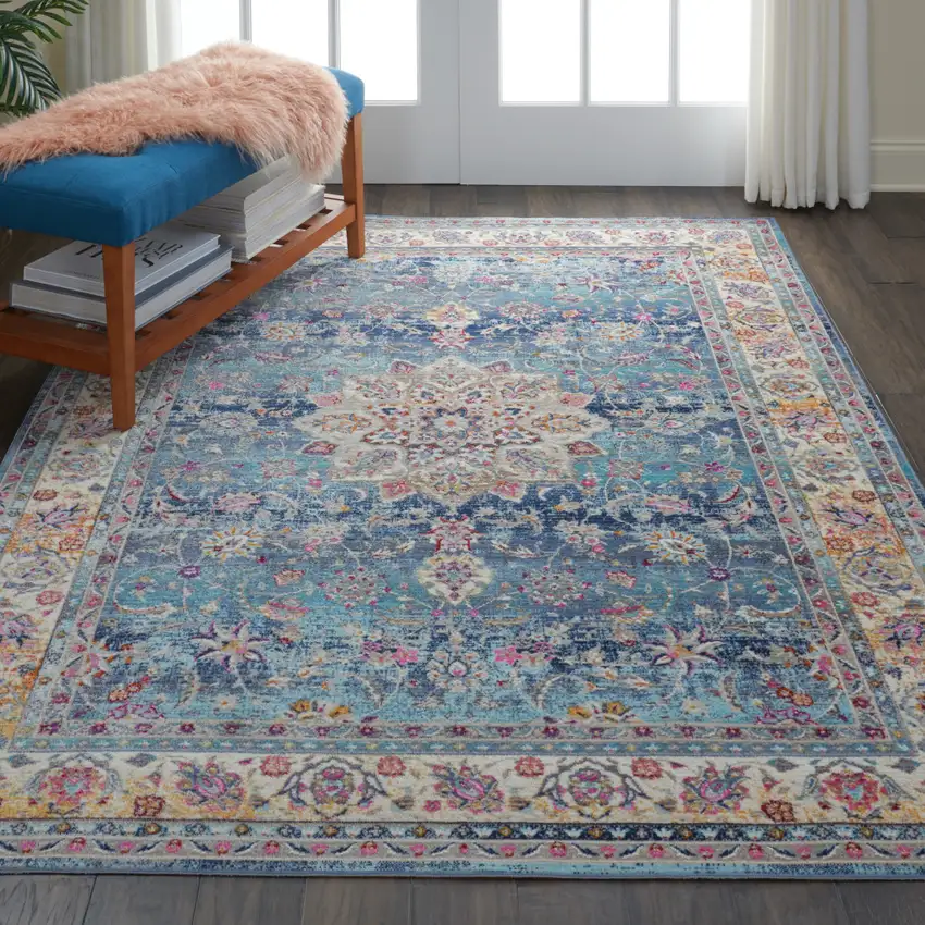 Blue and Beige Floral Distressed Area Rug Photo 4