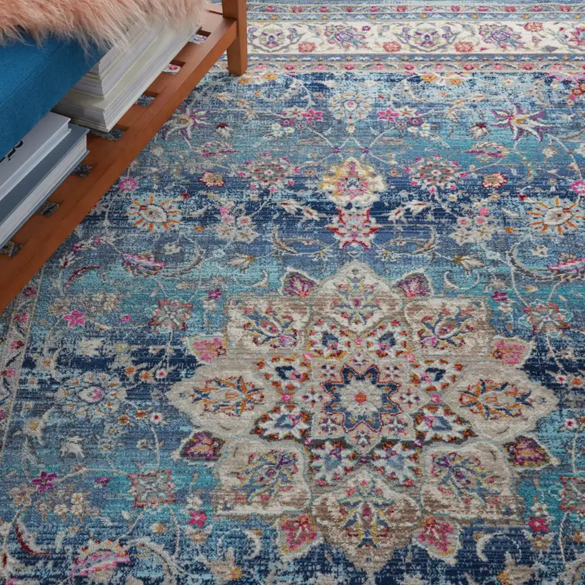 Blue and Beige Floral Distressed Area Rug Photo 3