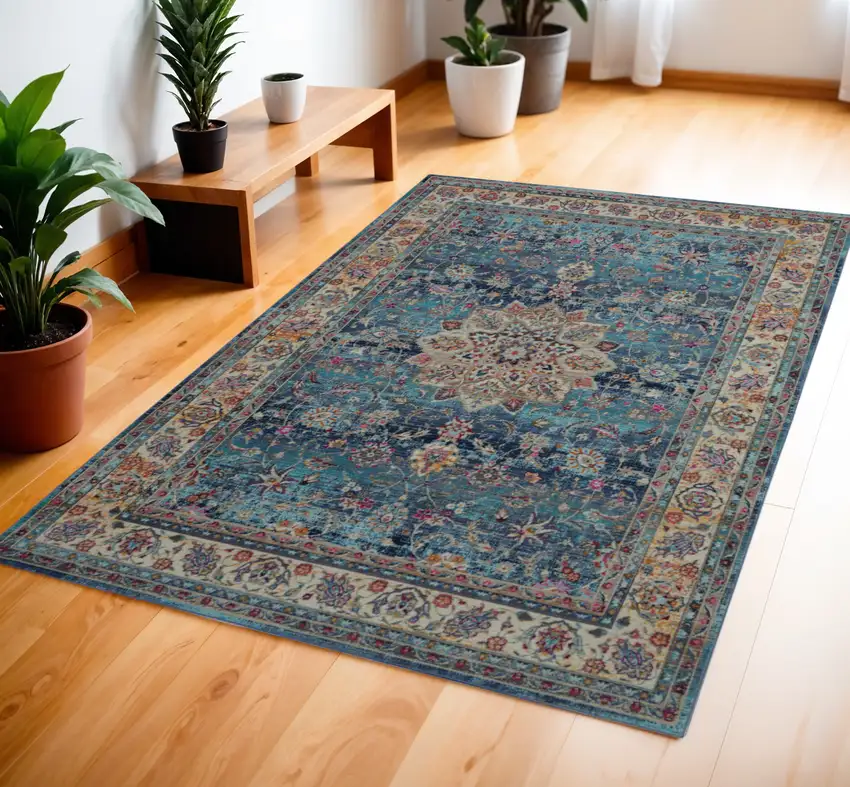 Blue and Beige Floral Distressed Area Rug Photo 1