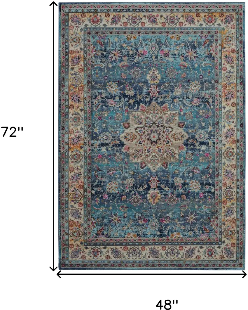 Blue and Beige Floral Distressed Area Rug Photo 3