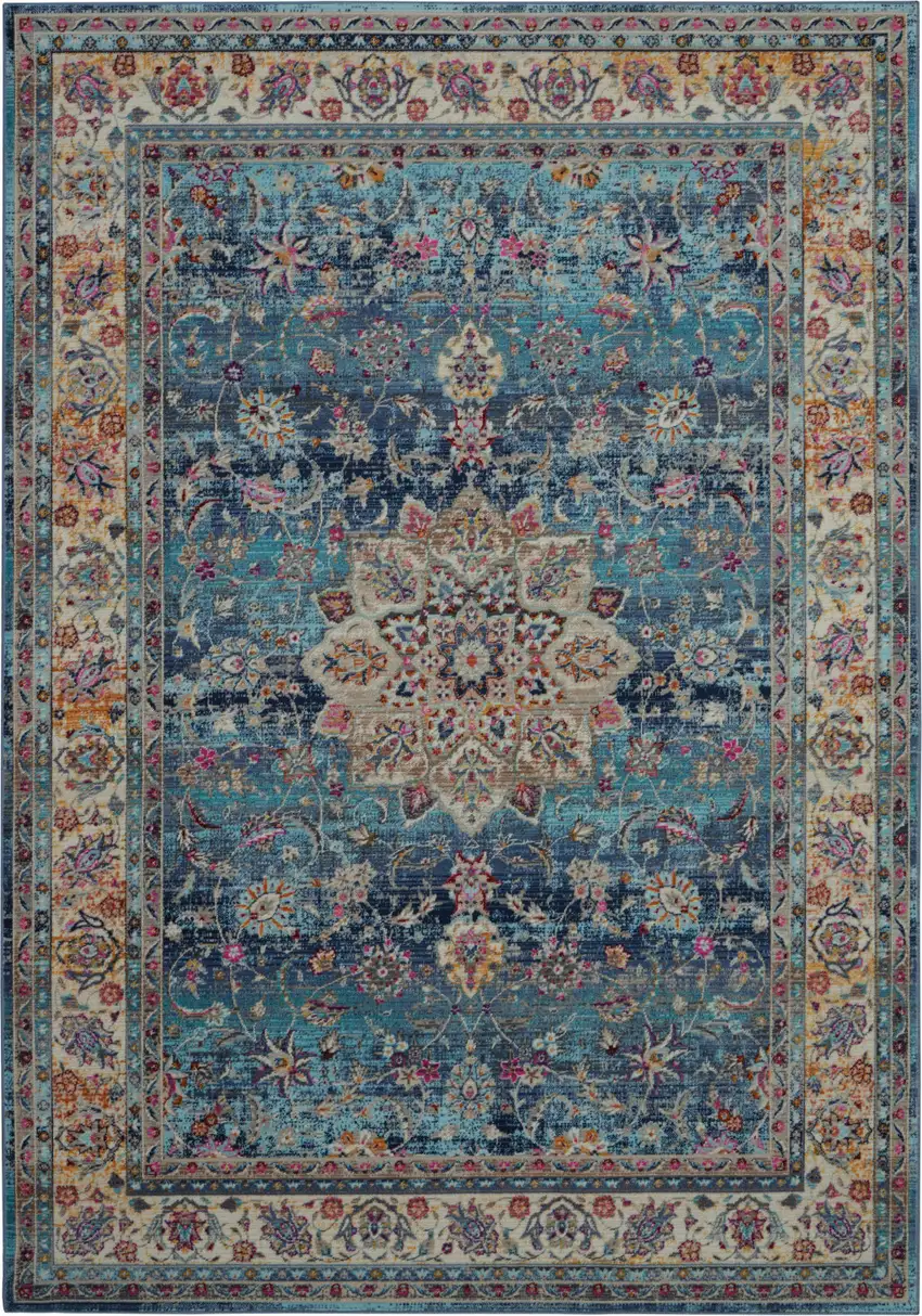 Blue and Beige Floral Distressed Area Rug Photo 2