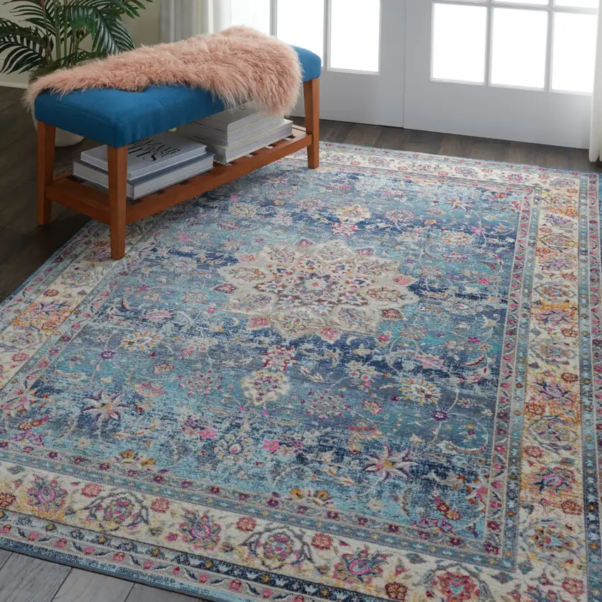 Blue and Beige Floral Distressed Area Rug Photo 5