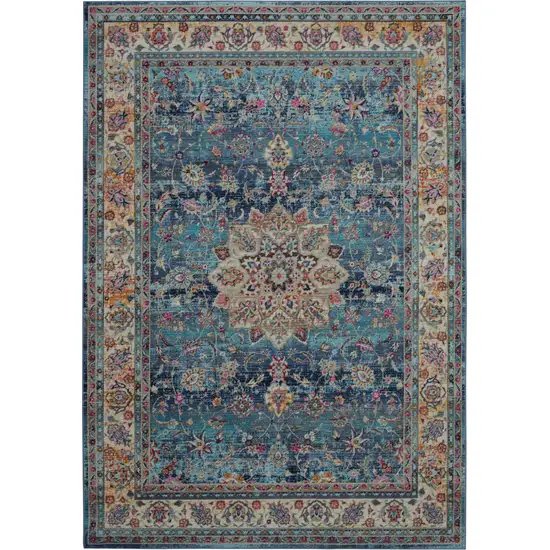 Blue and Beige Floral Distressed Area Rug Photo 1