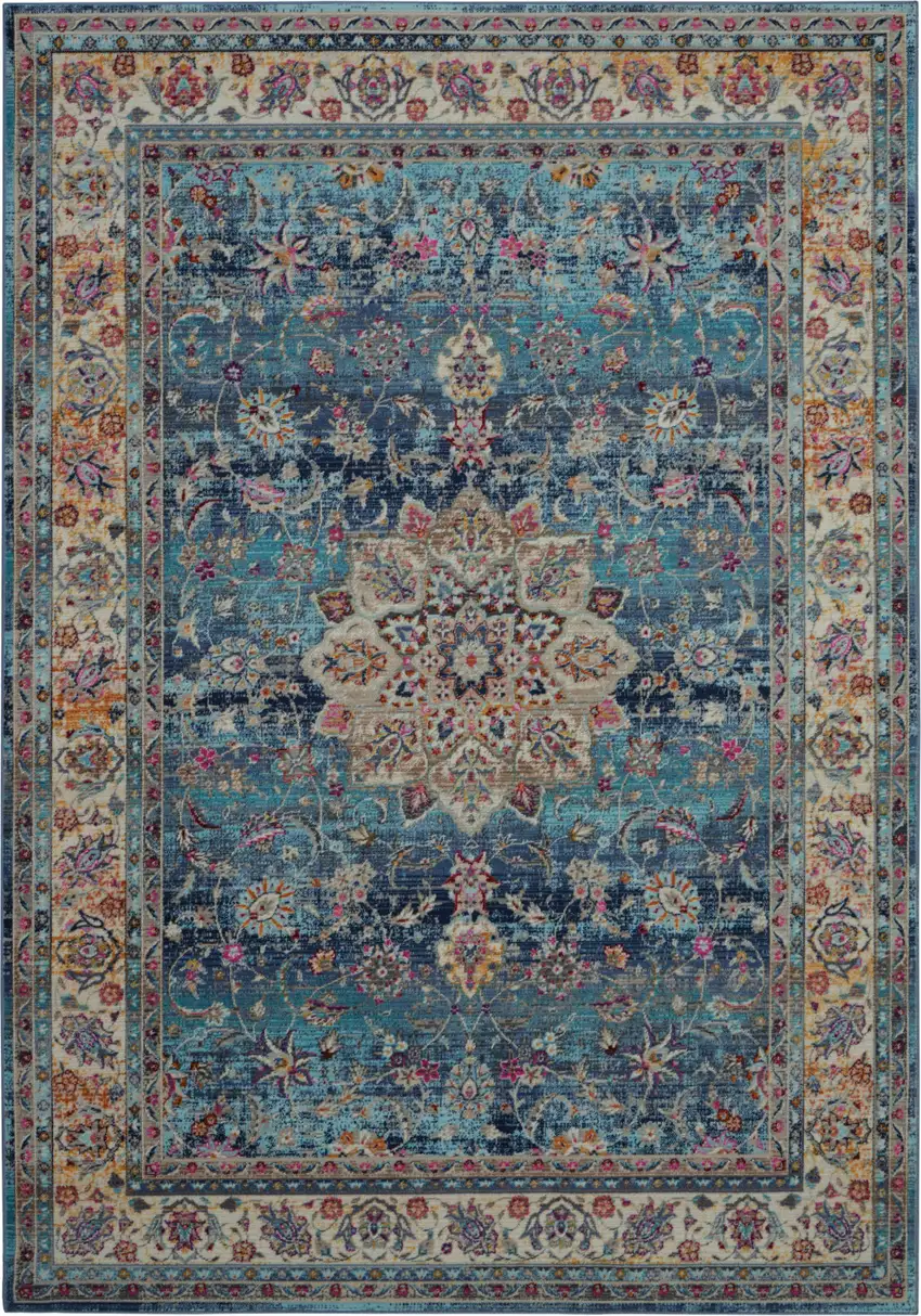 Blue and Beige Floral Distressed Area Rug Photo 1