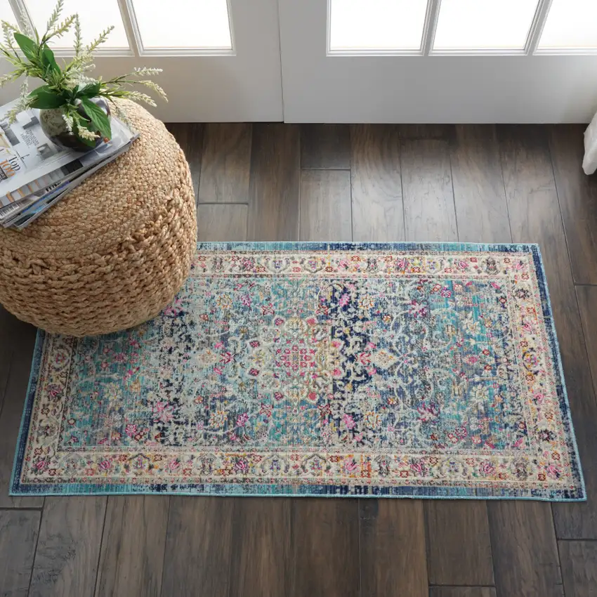 Blue and Beige Floral Distressed Area Rug Photo 3