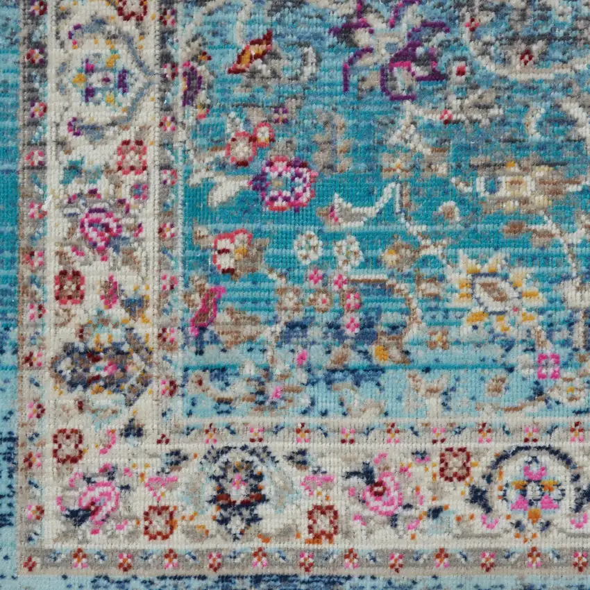 Blue and Beige Floral Distressed Area Rug Photo 4