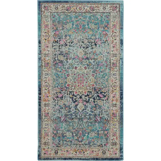 Blue and Beige Floral Distressed Area Rug Photo 1