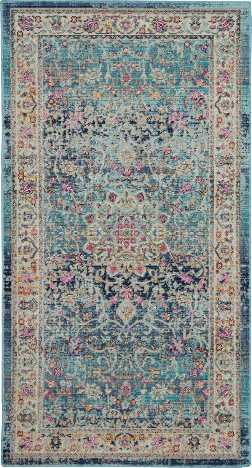 Blue and Beige Floral Distressed Area Rug Photo 1
