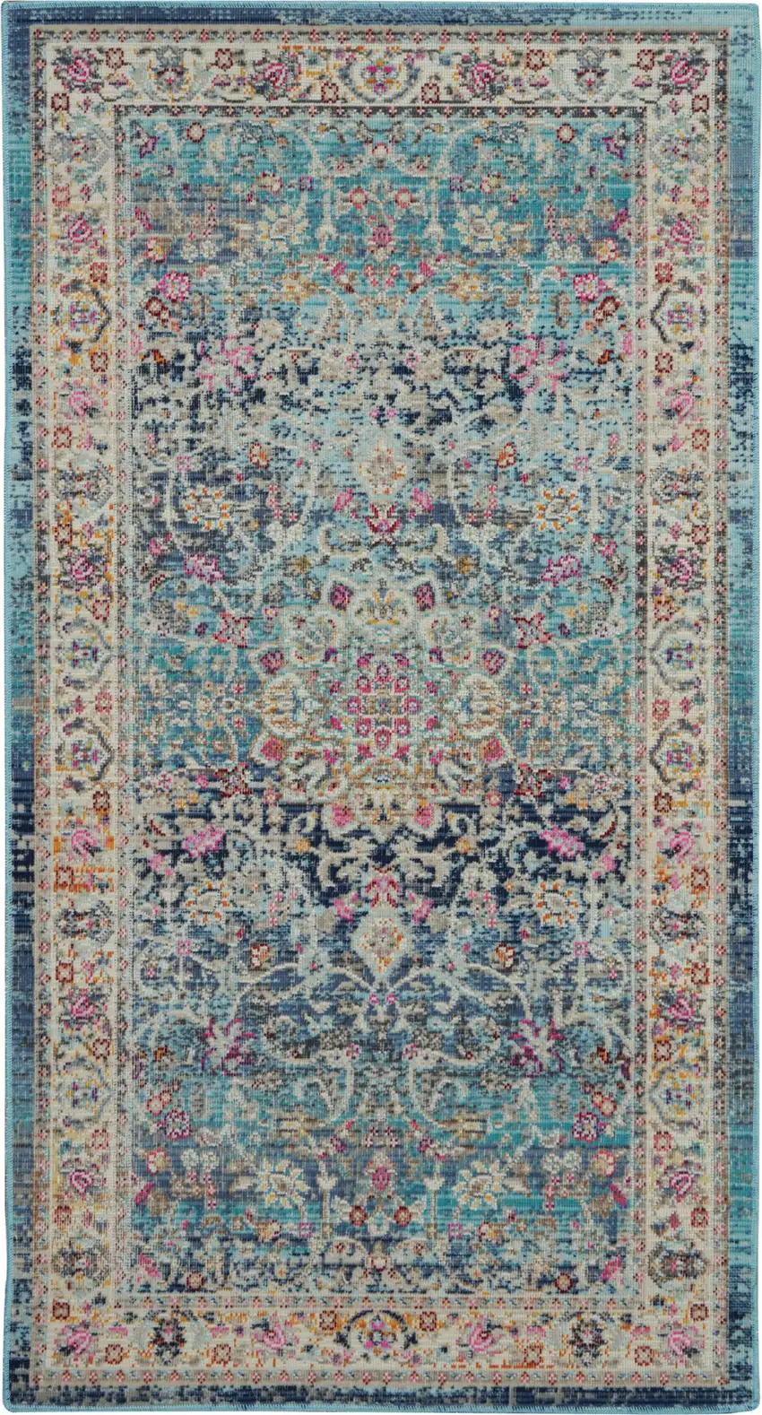 Blue and Beige Floral Distressed Area Rug Photo 2