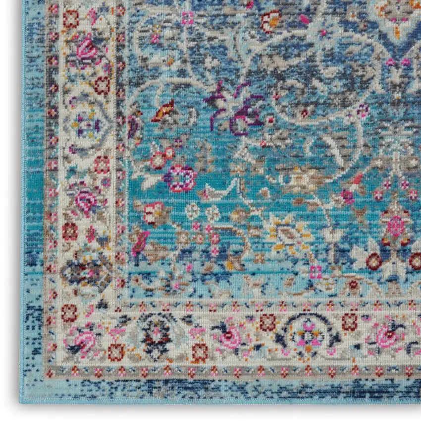 Blue and Beige Floral Distressed Area Rug Photo 6