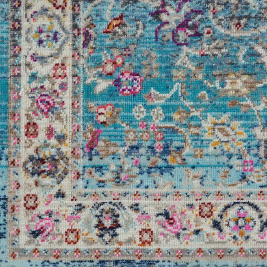 Blue and Beige Floral Distressed Area Rug Photo 9