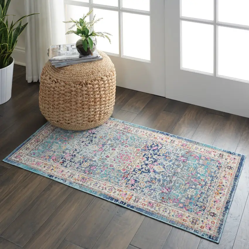 Blue and Beige Floral Distressed Area Rug Photo 4