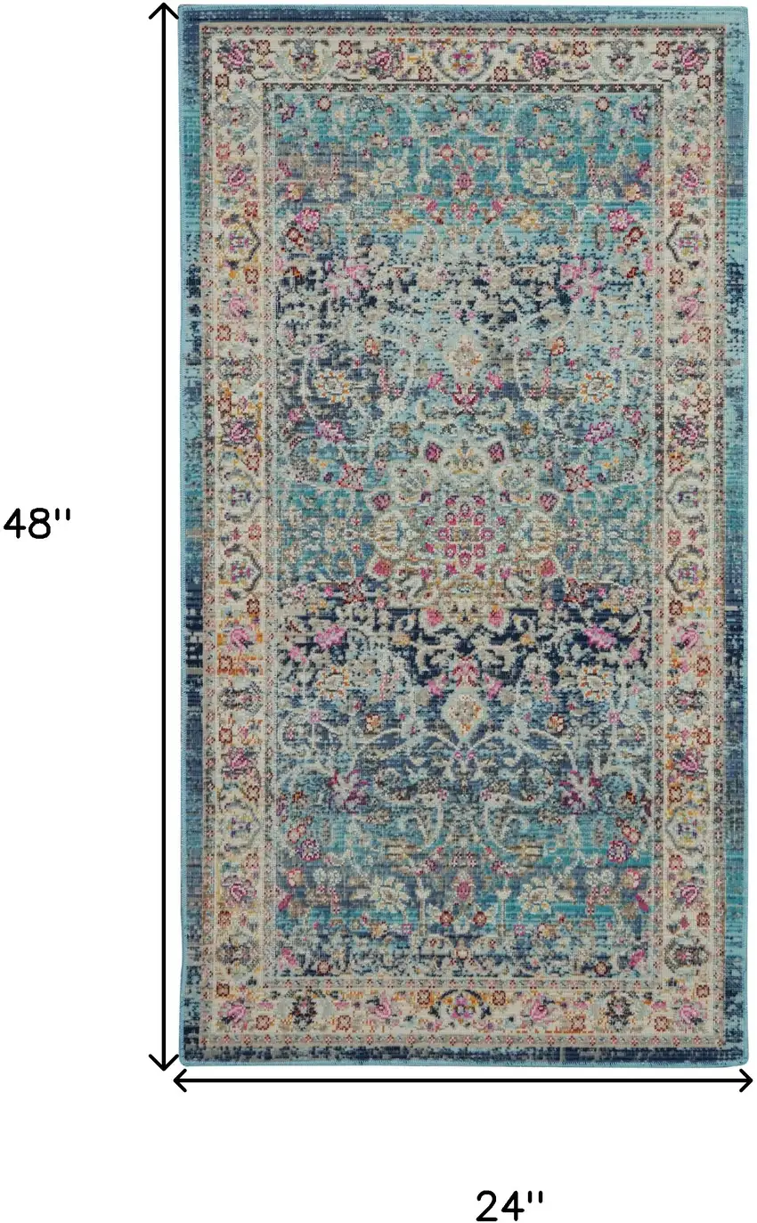 Blue and Beige Floral Distressed Area Rug Photo 3