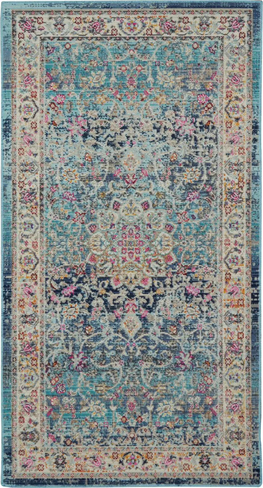 Blue and Beige Floral Distressed Area Rug Photo 7