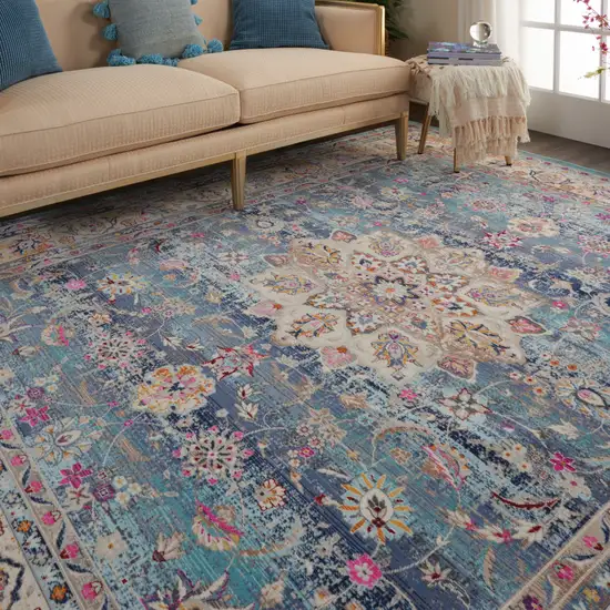 Blue and Beige Floral Medallion Distressed Non Skid Area Rug Photo 5