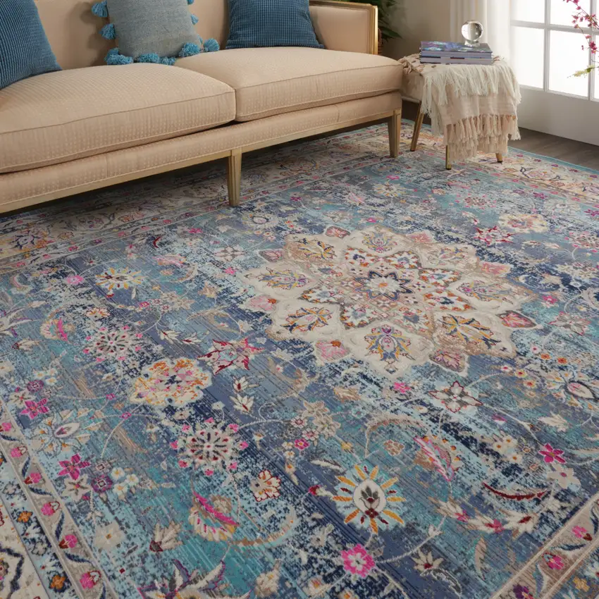 Blue and Beige Floral Medallion Distressed Non Skid Area Rug Photo 5