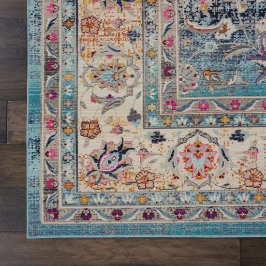 Blue and Beige Floral Medallion Distressed Non Skid Area Rug Photo 4