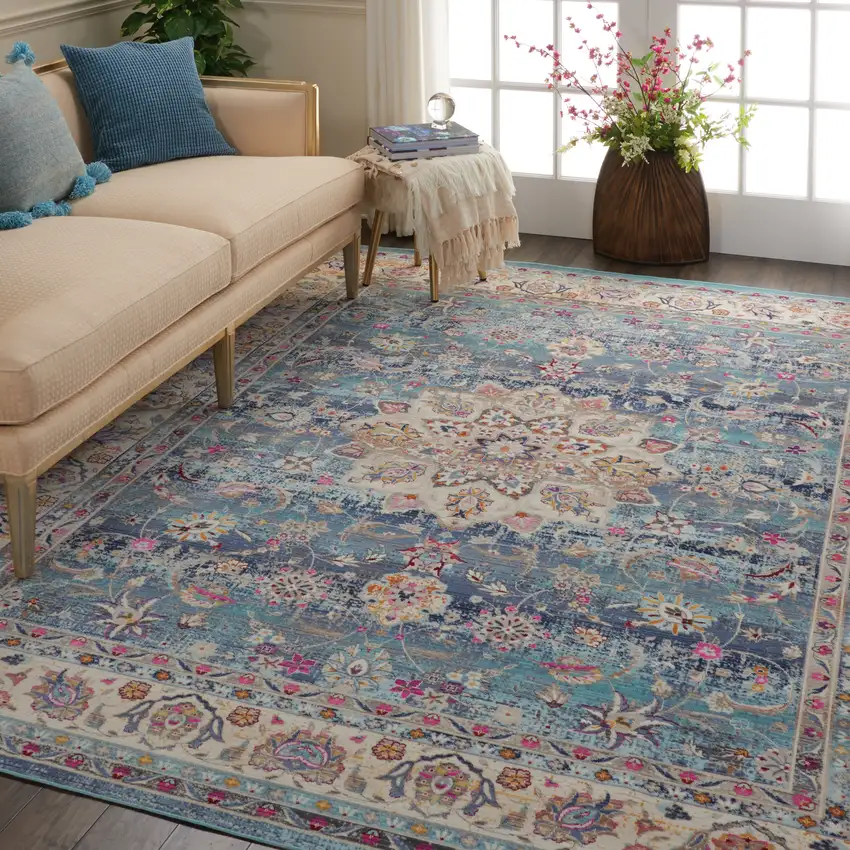 Blue and Beige Floral Medallion Distressed Non Skid Area Rug Photo 6