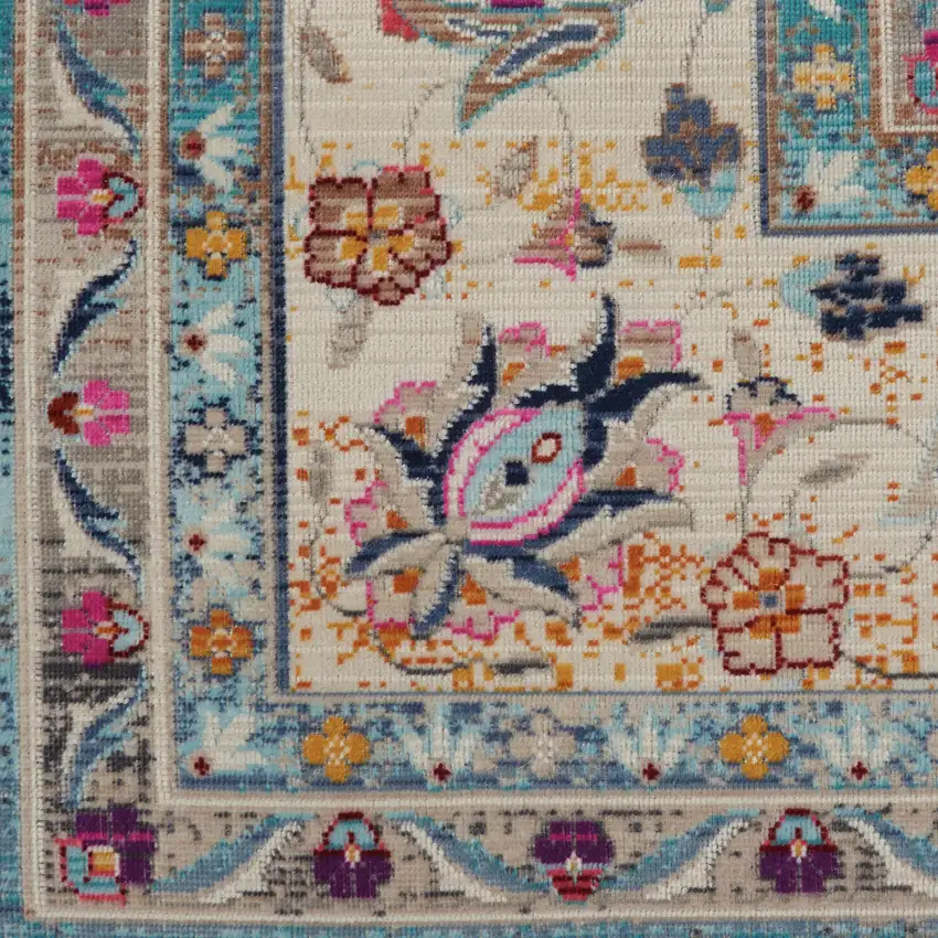 Blue and Beige Floral Medallion Distressed Non Skid Area Rug Photo 5