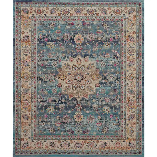 Blue and Beige Floral Medallion Distressed Non Skid Area Rug Photo 2