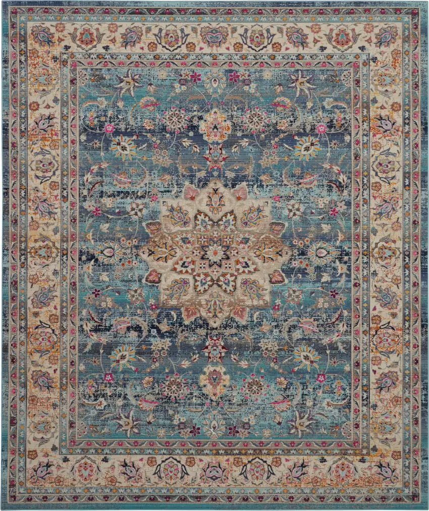 Blue and Beige Floral Medallion Distressed Non Skid Area Rug Photo 2