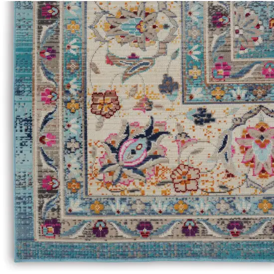 Blue and Beige Floral Medallion Distressed Non Skid Area Rug Photo 9