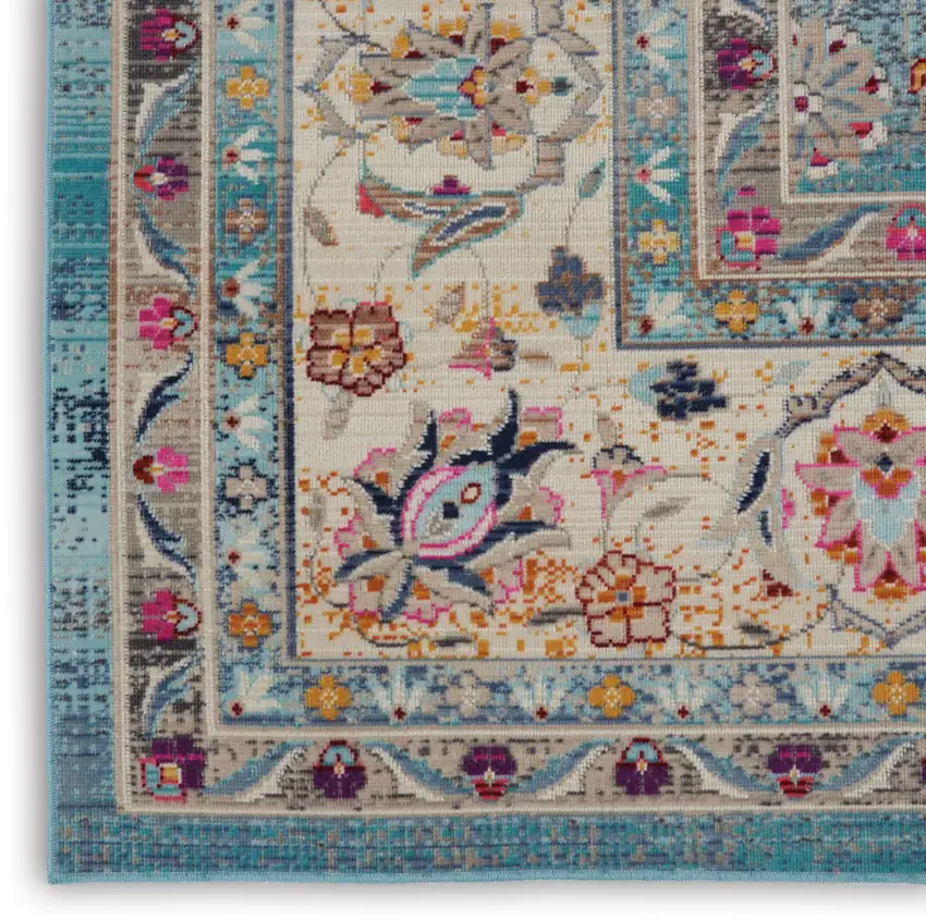 Blue and Beige Floral Medallion Distressed Non Skid Area Rug Photo 9