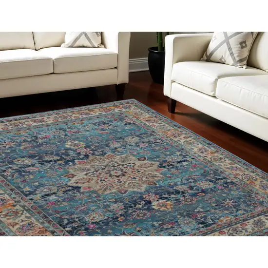 Blue and Beige Floral Medallion Distressed Non Skid Area Rug Photo 1