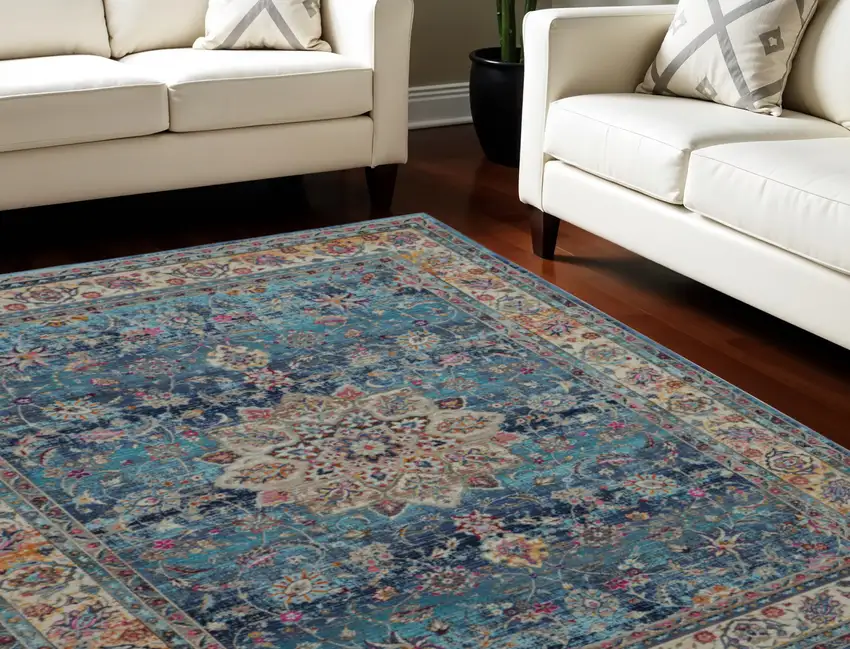 Blue and Beige Floral Medallion Distressed Non Skid Area Rug Photo 1