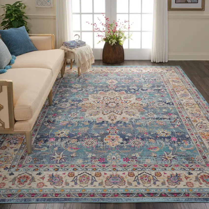Blue and Beige Floral Medallion Distressed Non Skid Area Rug Photo 4
