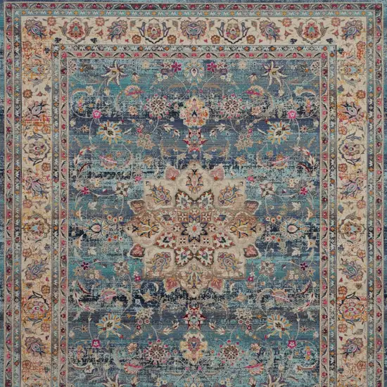 Blue and Beige Floral Medallion Distressed Non Skid Area Rug Photo 9