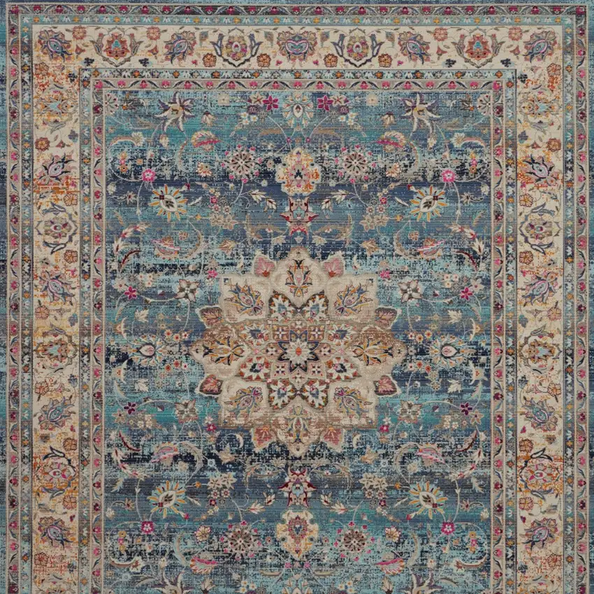 Blue and Beige Floral Medallion Distressed Non Skid Area Rug Photo 9