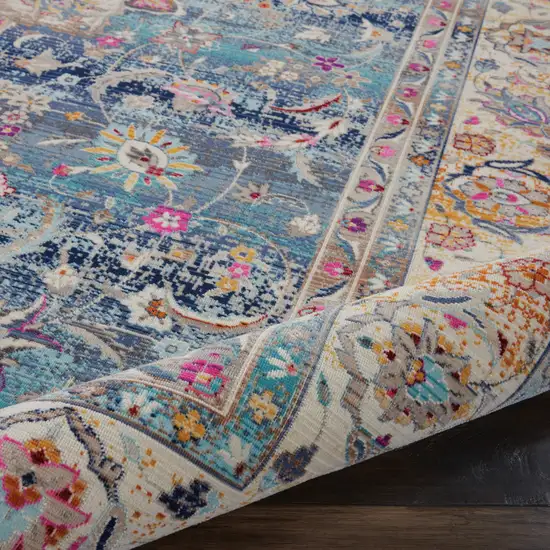 Blue and Beige Floral Medallion Distressed Non Skid Area Rug Photo 6