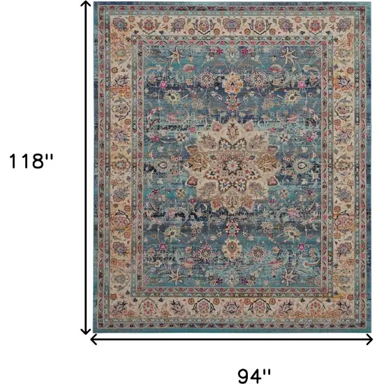 Blue and Beige Floral Medallion Distressed Non Skid Area Rug Photo 3