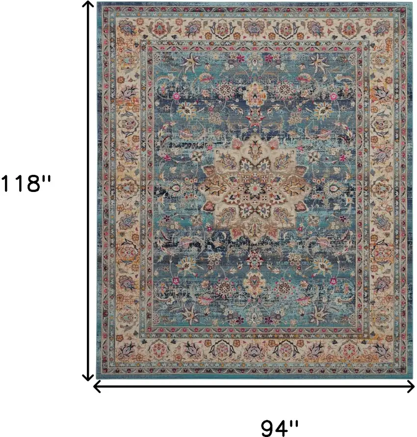 Blue and Beige Floral Medallion Distressed Non Skid Area Rug Photo 3