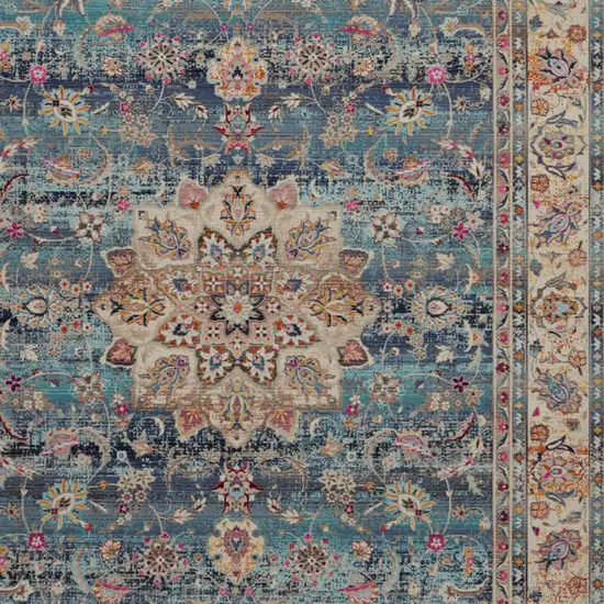 Blue and Beige Floral Medallion Distressed Non Skid Area Rug Photo 8