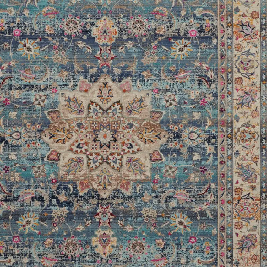 Blue and Beige Floral Medallion Distressed Non Skid Area Rug Photo 8