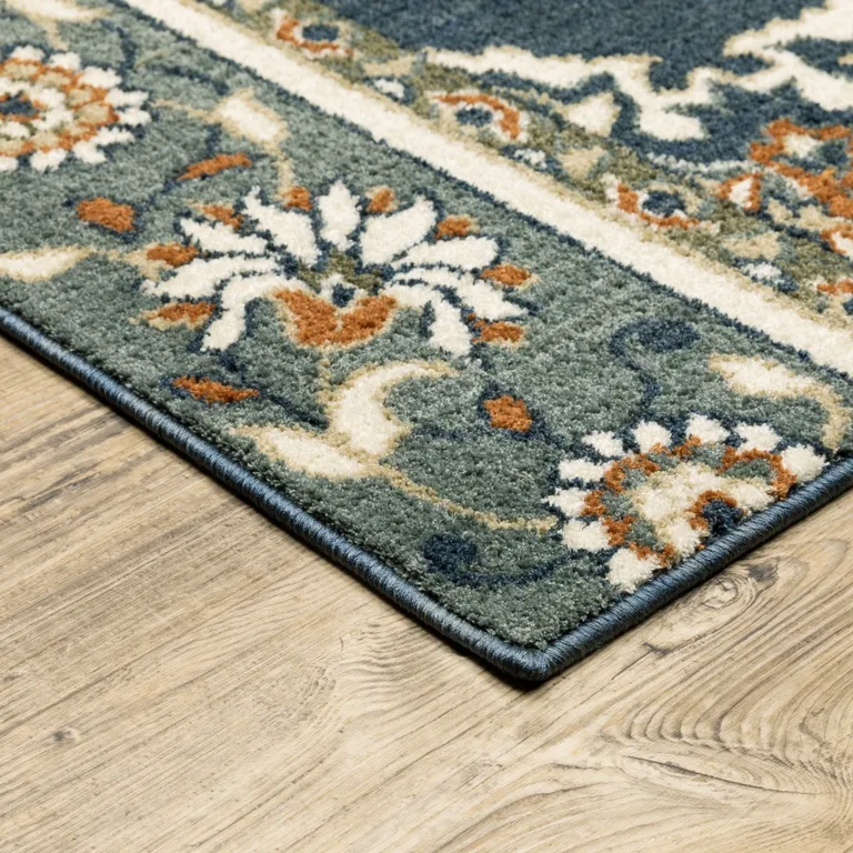 Blue and Beige Floral Medallion Indoor Area Rug Photo 3