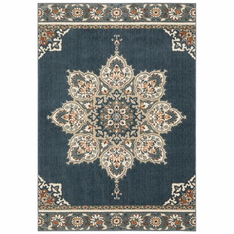 Blue and Beige Floral Medallion Indoor Area Rug Photo 1