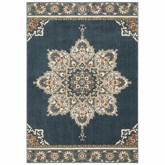 Blue and Beige Floral Medallion Indoor Area Rug Photo 1