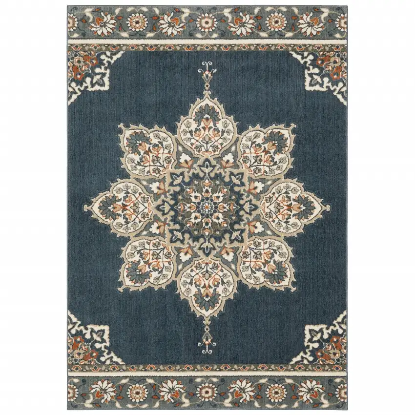 Blue and Beige Floral Medallion Indoor Area Rug Photo 1
