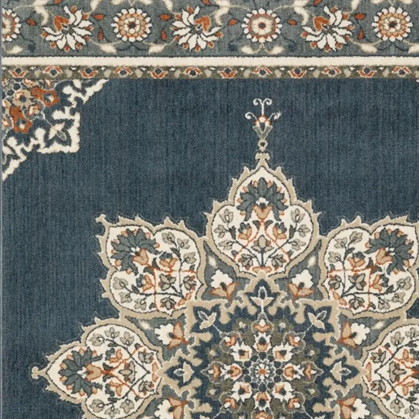 Blue and Beige Floral Medallion Indoor Area Rug Photo 4