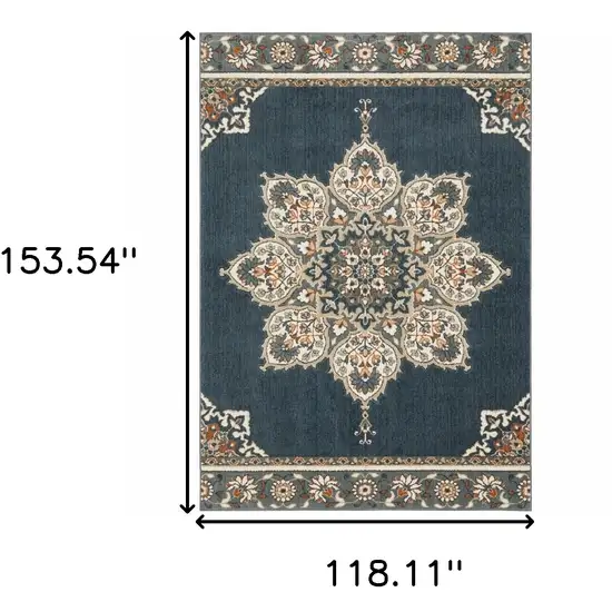 Blue and Beige Floral Medallion Indoor Area Rug Photo 6
