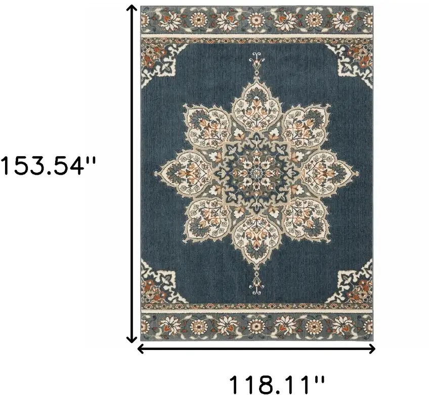 Blue and Beige Floral Medallion Indoor Area Rug Photo 6