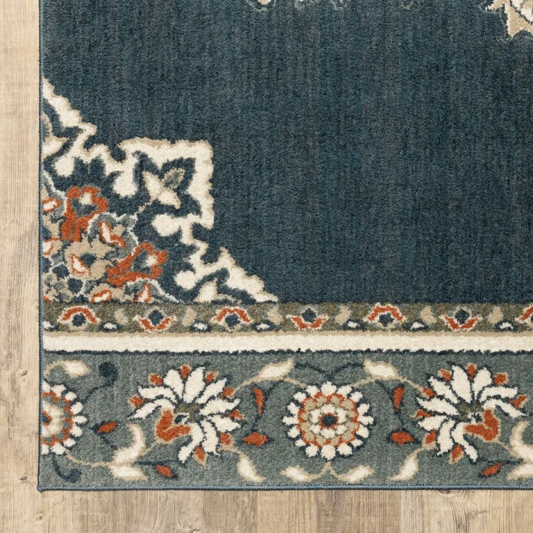 Blue and Beige Floral Medallion Indoor Area Rug Photo 2