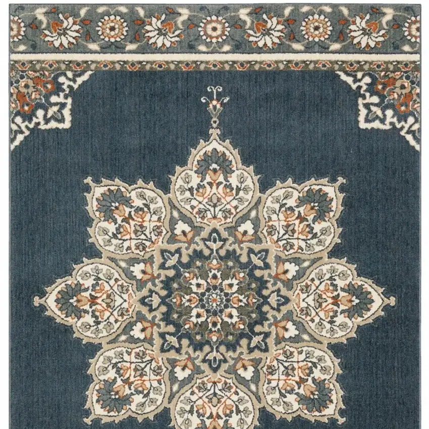 Blue and Beige Floral Medallion Indoor Area Rug Photo 5